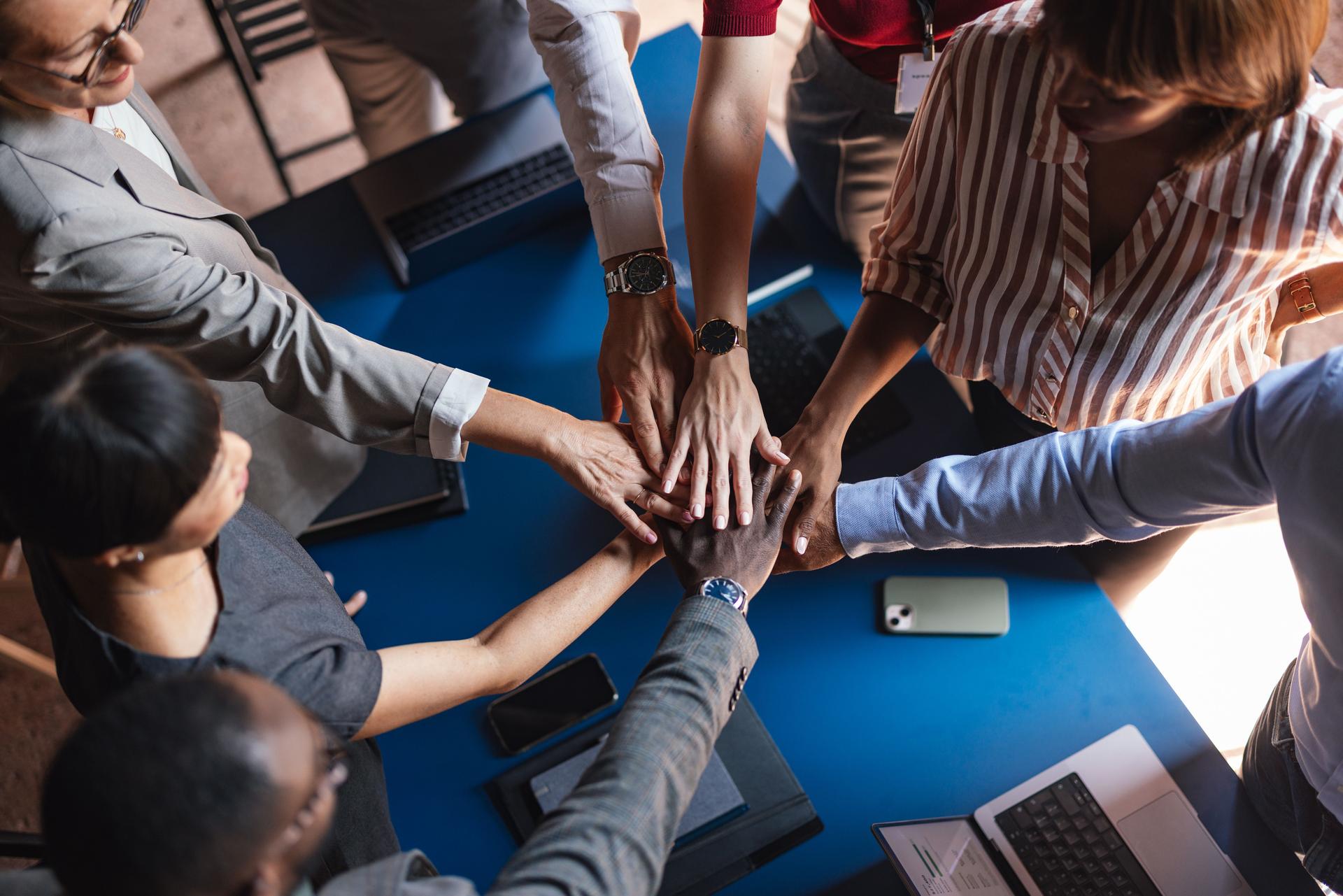 Diverse Business Team Uniting Hands in Collaborative Meeting