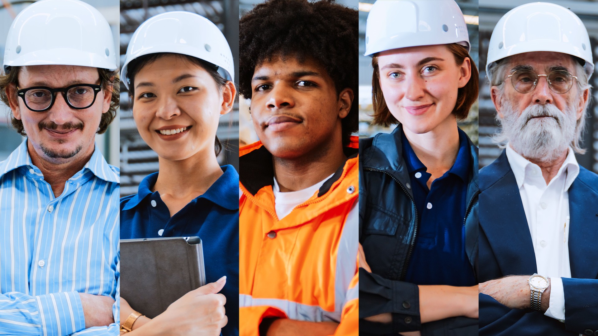 Multi split screen video collage portrait of multiethnic diverse group of factory warehouse worker, engineer, entrepreneur manager. Logistic industry business, industrial job, people at work concept